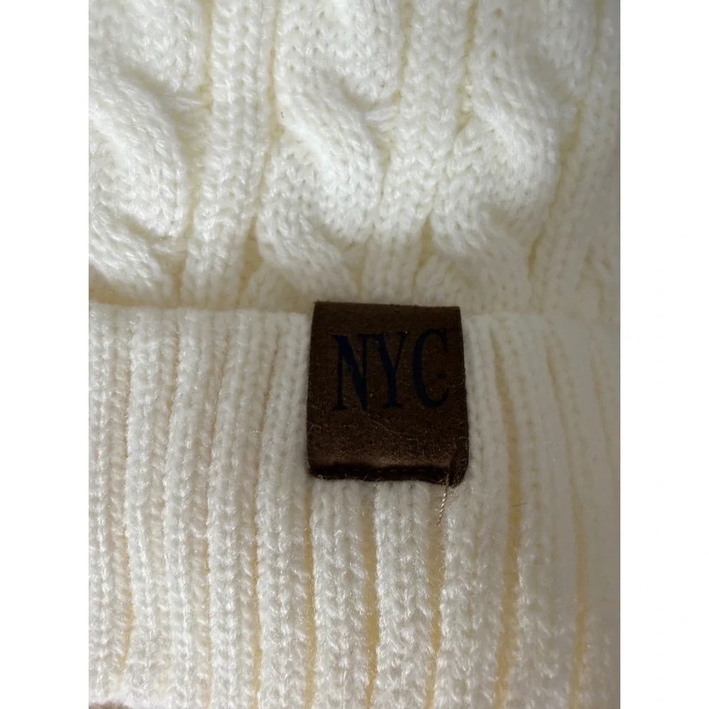 NYC Cable Knit Beanie Hat Cream White Faux Fur Lined Cuffed Winter Cap